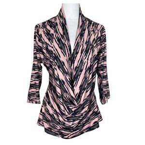 ECI Pink Abstract Low Cut Draped Neck 3/4 Sleeve Career Work Occasion Size Large